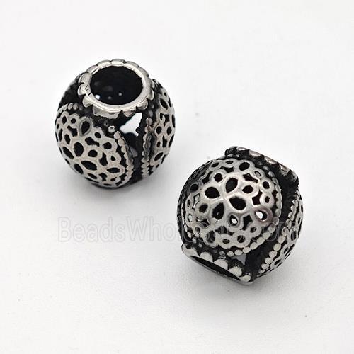 Stainless Steel Round Beads Hollow Large Hole Antique Silver
