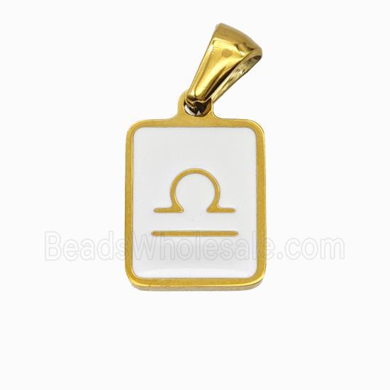 Stainless Steel Symbol Pendant Zodiac Libra White Enamel Rectangle Gold Plated