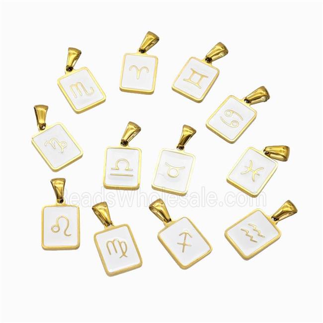 Stainless Steel Symbol Pendant Zodiac White Enamel Rectangle Gold Plated Mixed