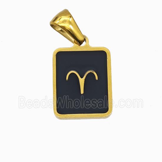 Stainless Steel Symbol Pendant Zodiac Aries Black Enamel Rectangle Gold Plated