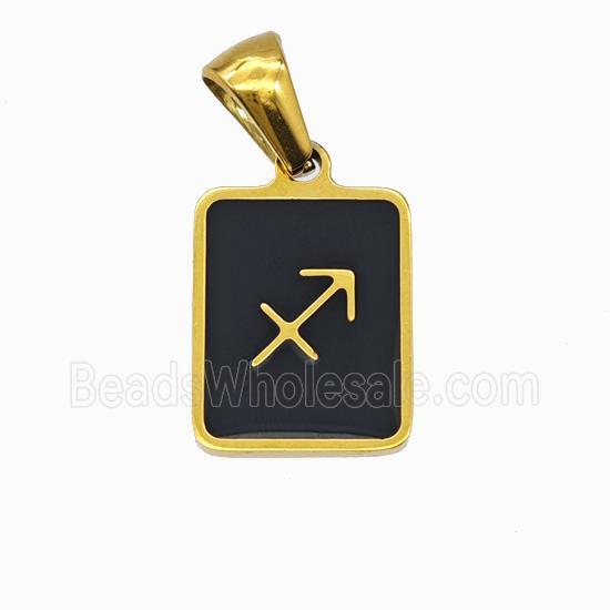 Stainless Steel Symbol Pendant Zodiac Sagittarius Black Enamel Rectangle Gold Plated