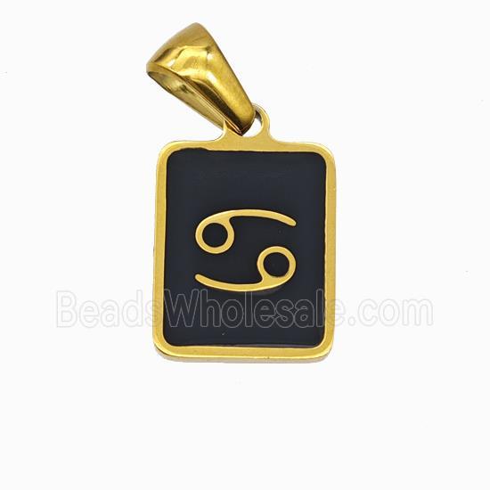 Stainless Steel Symbol Pendant Zodiac Cancer Black Enamel Rectangle Gold Plated