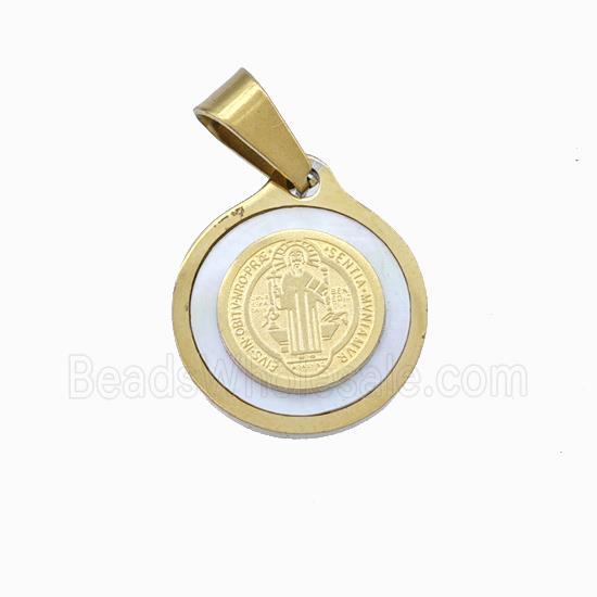 Jesus Charms Stainless Steel Circle Pendant Pave Shell Gold Plated