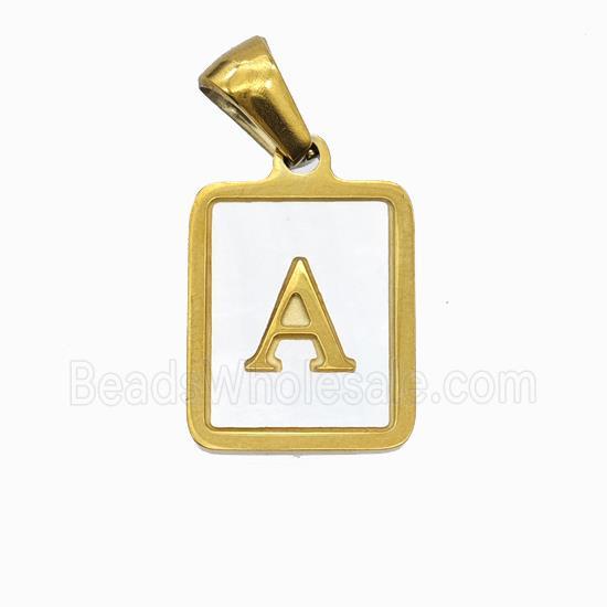Stainless Steel Rectangle Pendant Pave Shell Letter-A Gold Plated
