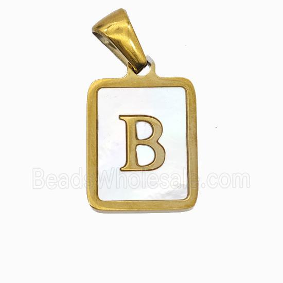 Stainless Steel Rectangle Pendant Pave Shell Letter-B Gold Plated