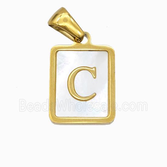 Stainless Steel Rectangle Pendant Pave Shell Letter-C Gold Plated
