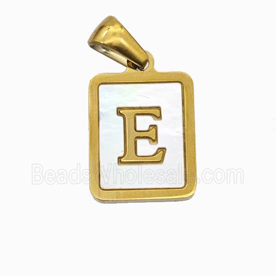 Stainless Steel Rectangle Pendant Pave Shell Letter-E Gold Plated
