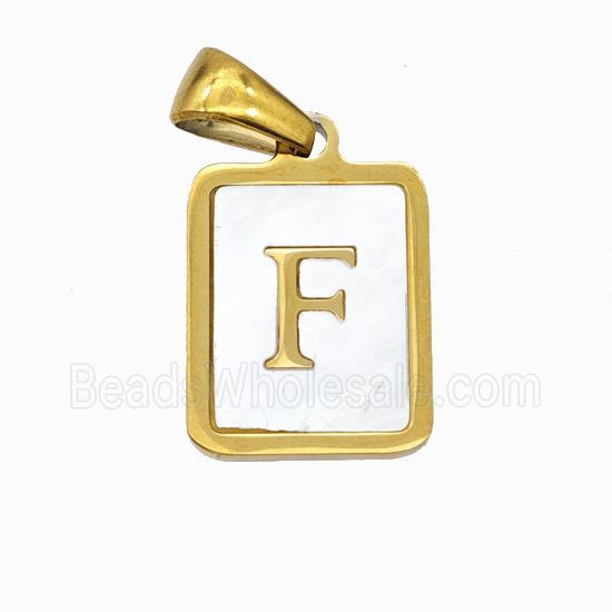 Stainless Steel Rectangle Pendant Pave Shell Letter-F Gold Plated
