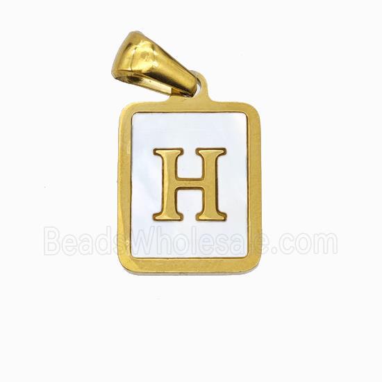 Stainless Steel Rectangle Pendant Pave Shell Letter-H Gold Plated