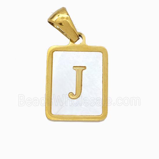 Stainless Steel Rectangle Pendant Pave Shell Letter-J Gold Plated