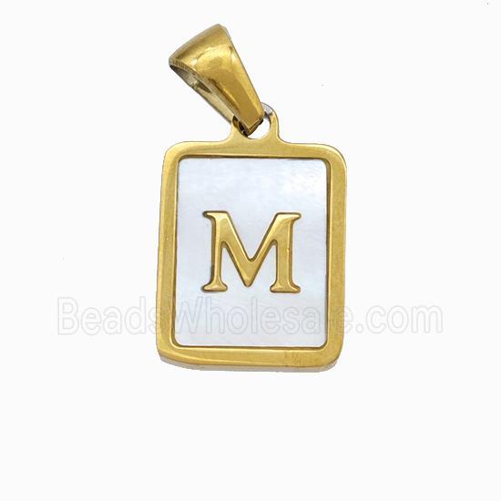 Stainless Steel Rectangle Pendant Pave Shell Letter-M Gold Plated