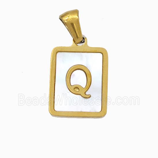 Stainless Steel Rectangle Pendant Pave Shell Letter-Q Gold Plated