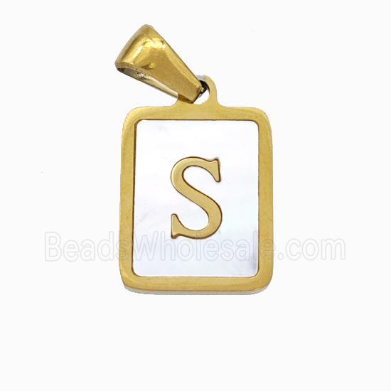 Stainless Steel Rectangle Pendant Pave Shell Letter-S Gold Plated