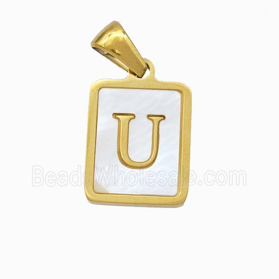 Stainless Steel Rectangle Pendant Pave Shell Letter-U Gold Plated