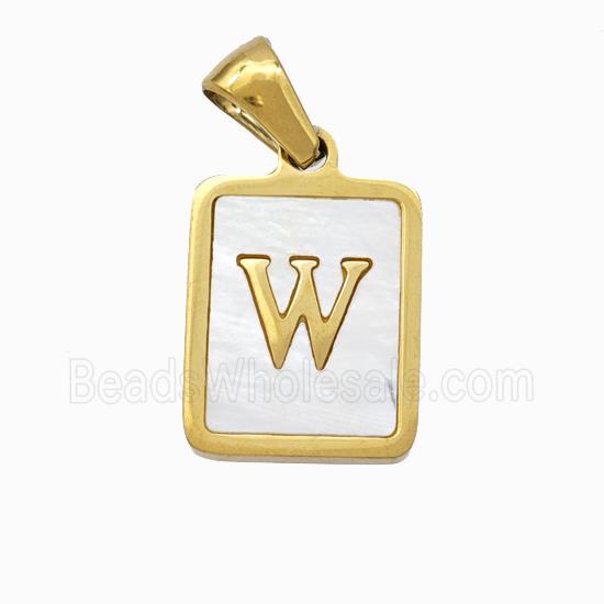 Stainless Steel Rectangle Pendant Pave Shell Letter-W Gold Plated