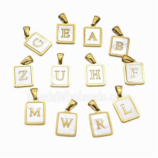 Stainless Steel Rectangle Alphabet Pendant Pave Shell Gold Plated Mix Letters