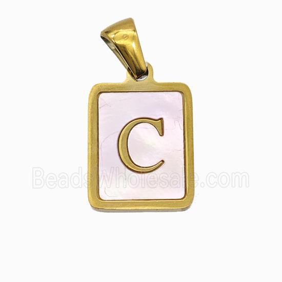 Stainless Steel Rectangle Pendant Pave Pink Shell Letter-C Gold Plated