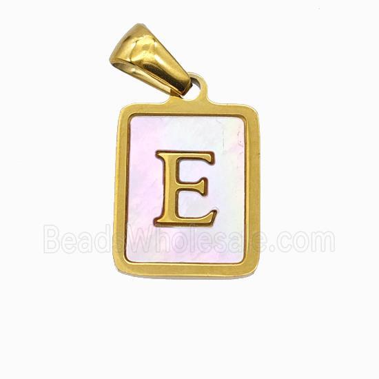 Stainless Steel Rectangle Pendant Pave Pink Shell Letter-E Gold Plated