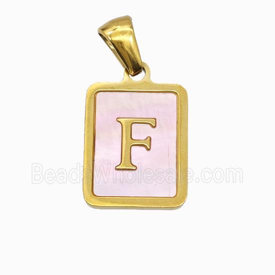 Stainless Steel Rectangle Pendant Pave Pink Shell Letter-F Gold Plated