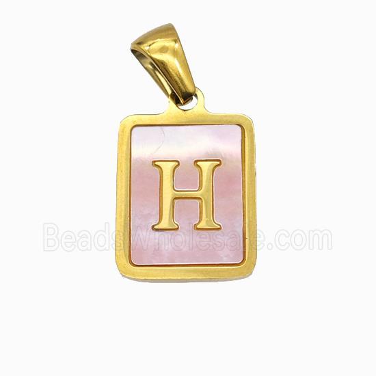 Stainless Steel Rectangle Pendant Pave Pink Shell Letter-H Gold Plated