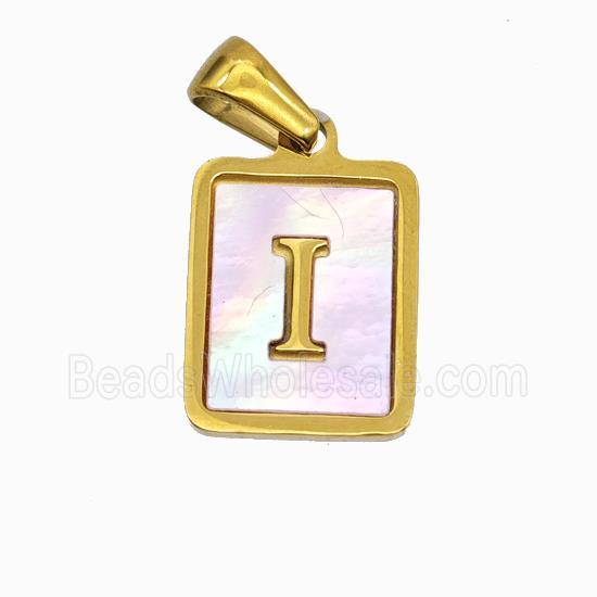 Stainless Steel Rectangle Pendant Pave Pink Shell Letter-I Gold Plated