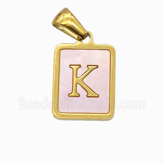 Stainless Steel Rectangle Pendant Pave Pink Shell Letter-K Gold Plated
