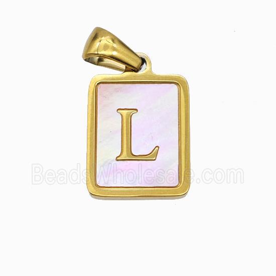 Stainless Steel Rectangle Pendant Pave Pink Shell Letter-L Gold Plated