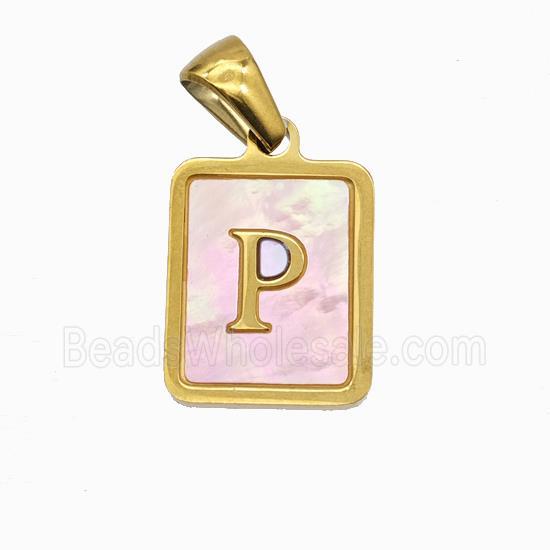 Stainless Steel Rectangle Pendant Pave Pink Shell Letter-P Gold Plated