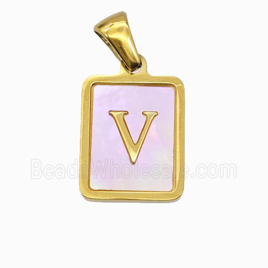 Stainless Steel Rectangle Pendant Pave Pink Shell Letter-V Gold Plated
