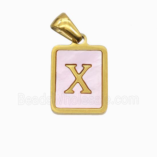 Stainless Steel Rectangle Pendant Pave Pink Shell Letter-X Gold Plated