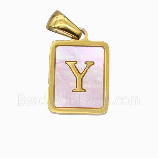 Stainless Steel Rectangle Pendant Pave Pink Shell Letter-Y Gold Plated