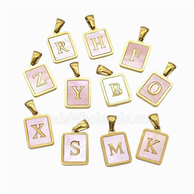 Stainless Steel Rectangle Alphabet Pendant Pave Pink Shell Mix Letters Gold Plated