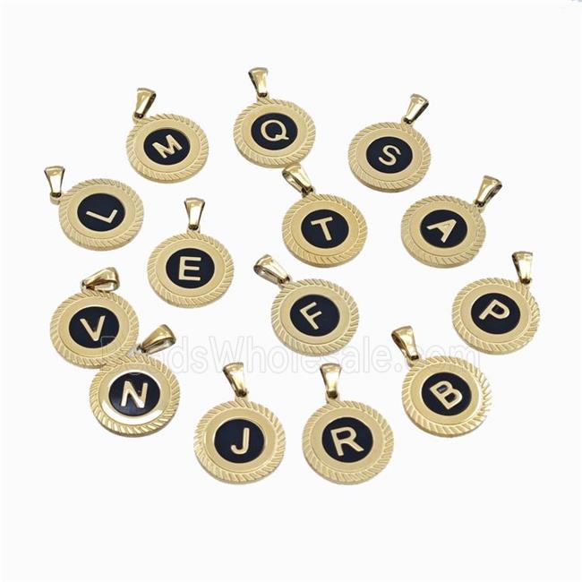 Stainless Steel Letter Pendant Pave Black Shell Mix Alphabet Gold Plated