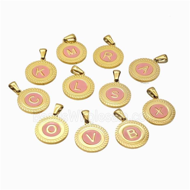 Stainless Steel Letter Pendant Pave Pink Shell Mix Alphabet Gold Plated