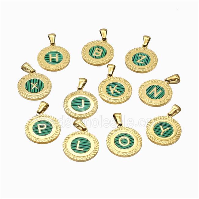 Stainless Steel Letter Pendant Pave Green Shell Mix Alphabet Gold Plated