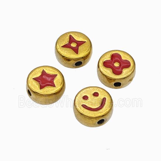 Stainless Steel Symbol Coin Beads Red Enamel Gold Plated Mixed