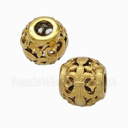 Titanium Steel Round Beads Large Hole Hollow Fleur De Lis Gold Plated