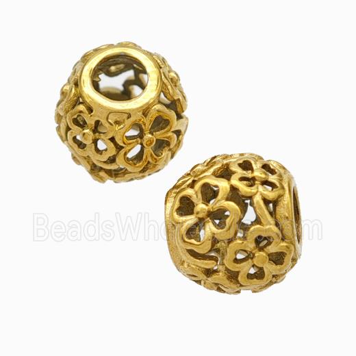 Titanium Steel Round Beads Large Hole Hollow Clover Gold Plated