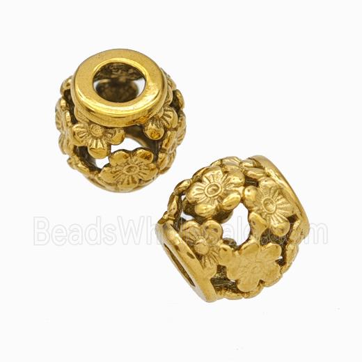 Titanium Steel Barrel Beads Large Hole Hollow Flower Gold Plated