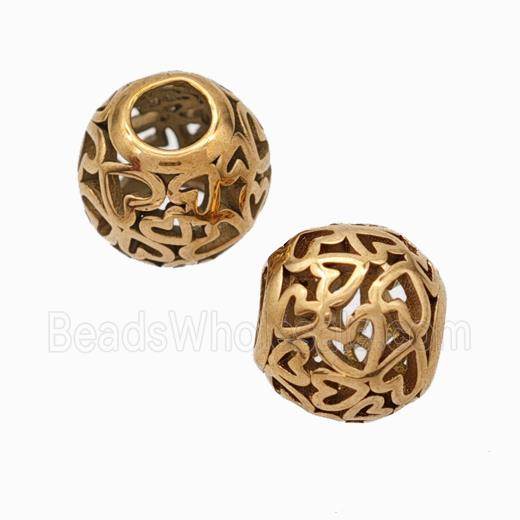 Titanium Steel Round Beads Large Hole Hollow Heart Rose Gold