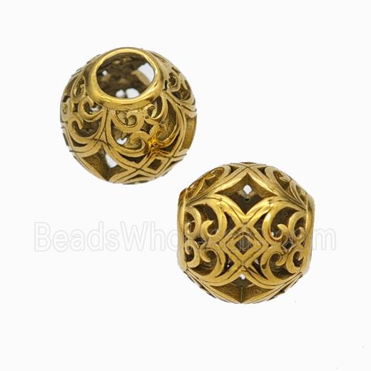 Titanium Steel Round Beads Large Hole Hollow Gold Plated