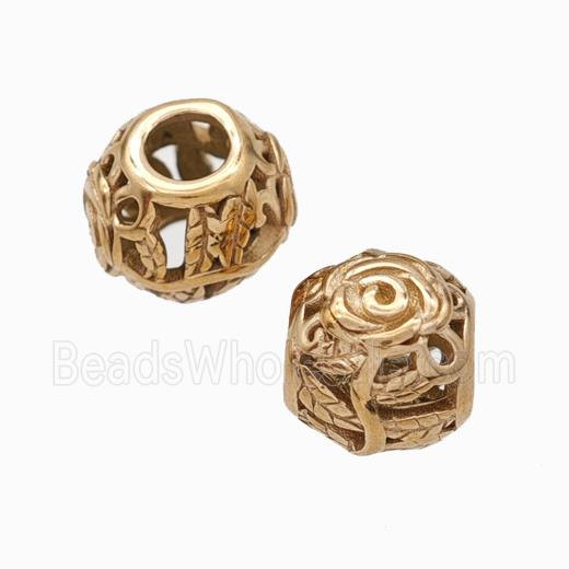 Titanium Steel Round Beads Large Hole Hollow Flower Rose Gold
