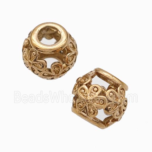Titanium Steel Round Beads Large Hole Hollow Flower Rose Gold