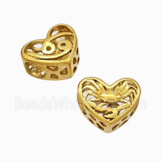 Titanium Steel Heart Beads Zodiac Cancer Large Hole Hollow Gold Plated