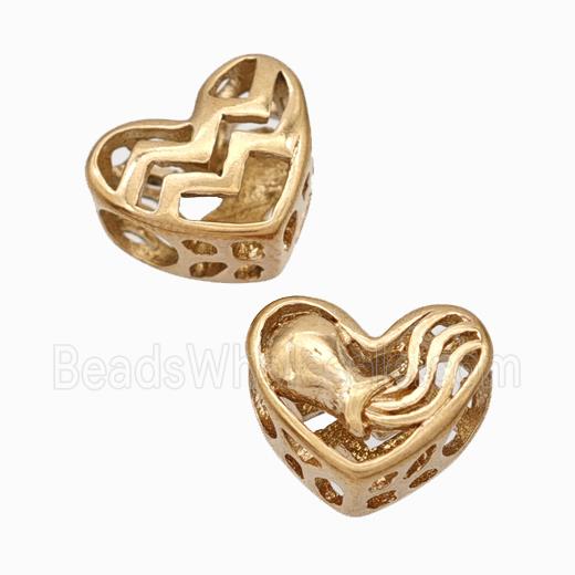 Titanium Steel Heart Beads Zodiac Aquarius Large Hole Hollow Rose Gold