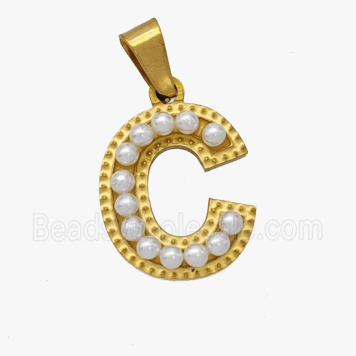Stainless Steel Pendant Pave Pearlized Resin Letter-C Gold Plated
