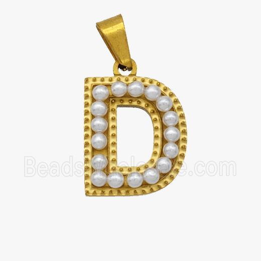 Stainless Steel Pendant Pave Pearlized Resin Letter-D Gold Plated