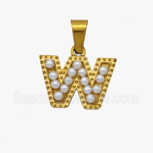 Stainless Steel Pendant Pave Pearlized Resin Letter-W Gold Plated