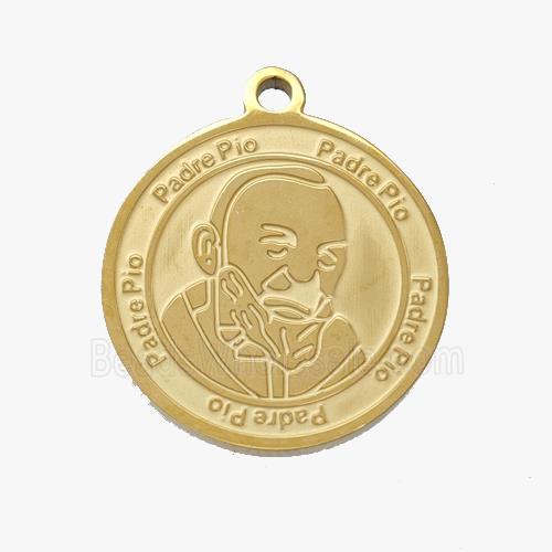 Stainless Steel Pendant Medal Padre Pio Circle Gold Plated