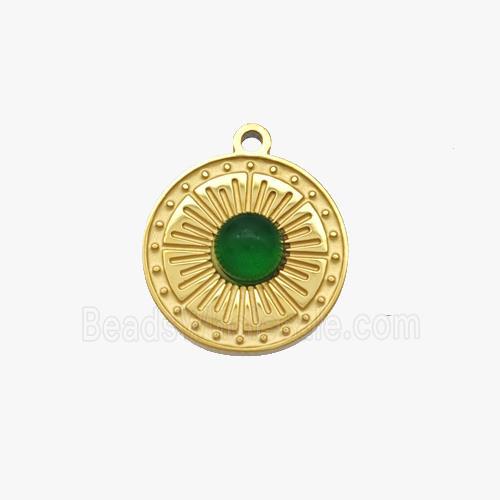 Stainless Steel Sun Pendant Pave Green Jade Gold Plated